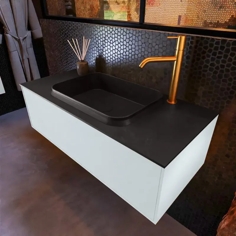 Mondiaz Erin 100cm badmeubel Clay met 1 lade en zwarte wastafel midden 1 kraangat Speciale Aanbieding