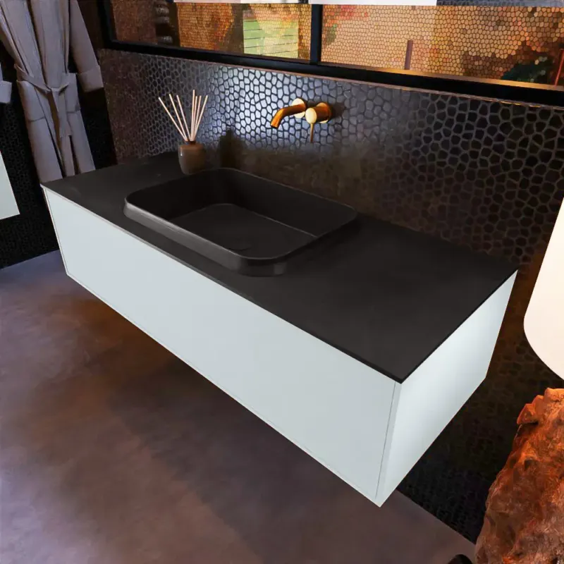 Beperkte Voorraad Mondiaz Erin 120cm badmeubel Clay met 1 lade en zwarte wastafel midden zonder kraangaten
