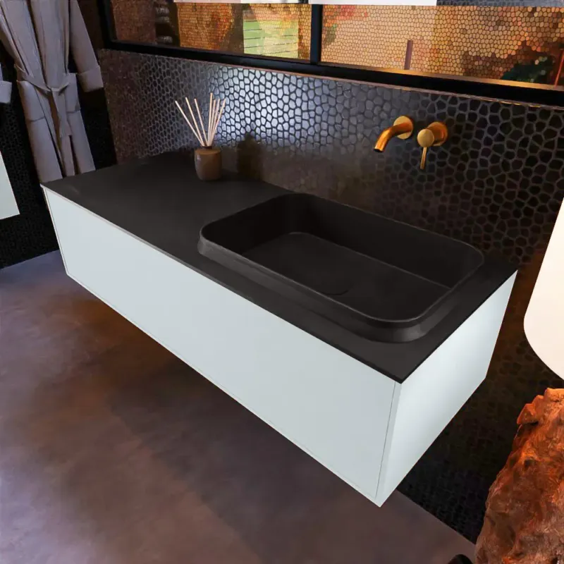Mondiaz Erin 120cm badmeubel Clay met 1 lade en zwarte wastafel rechts zonder kraangaten Gratis Retour