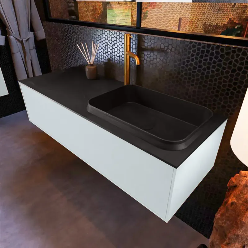 Mondiaz Erin 120cm badmeubel Clay met 1 lade en zwarte wastafel rechts 1 kraangat Snelle Levering