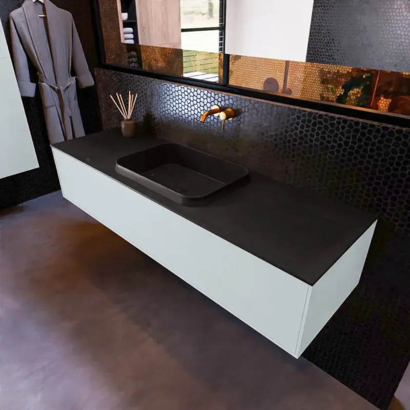 Mondiaz Erin 150cm badmeubel Clay met 1 lade en zwarte wastafel midden zonder kraangaten Veilige Betaling