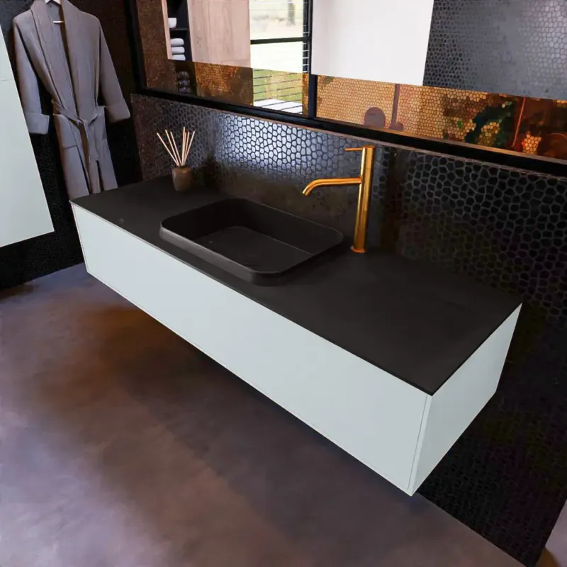Mondiaz Erin 150cm badmeubel Clay met 1 lade en zwarte wastafel midden 1 kraangat Voordeelprijs