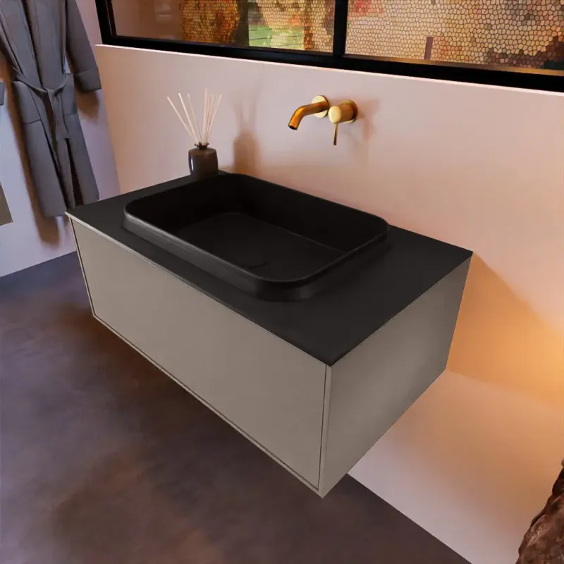 Bestseller Mondiaz Erin 80cm badmeubel Smoke met 1 lade en zwarte wastafel midden zonder kraangaten