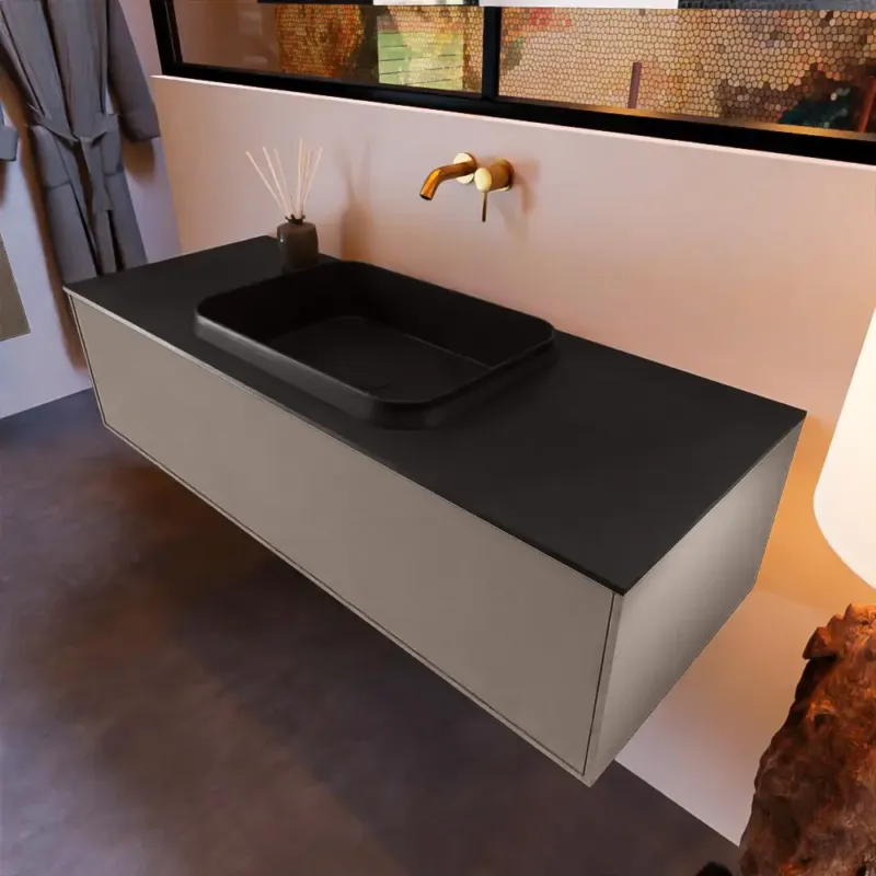 Mondiaz Erin 120cm badmeubel Smoke met 1 lade en zwarte wastafel midden zonder kraangaten Op = Op