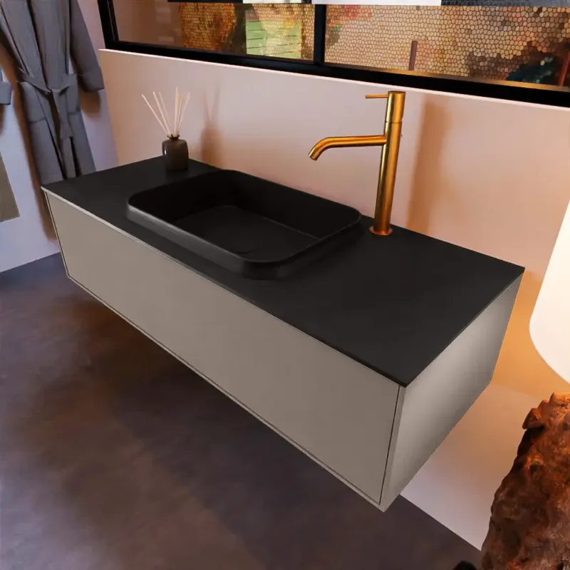 Mondiaz Erin 120cm badmeubel Smoke met 1 lade en zwarte wastafel midden 1 kraangat Favoriet