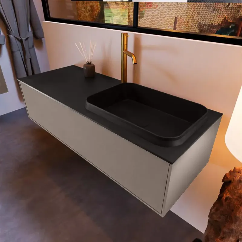 Veilige Betaling Mondiaz Erin 120cm badmeubel Smoke met 1 lade en zwarte wastafel rechts 1 kraangat