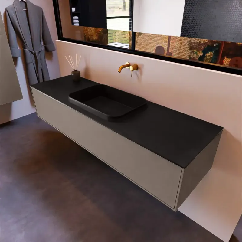 Voordeelprijs Mondiaz Erin 150cm badmeubel Smoke met 1 lade en zwarte wastafel midden zonder kraangaten