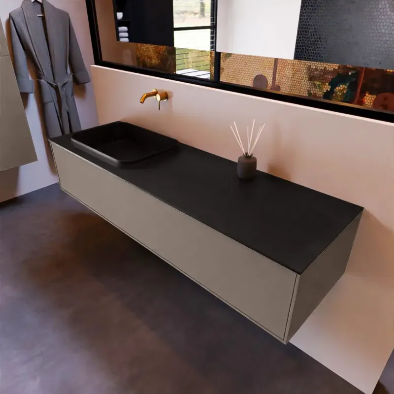 Exclusieve Aanbieding Mondiaz Erin 150cm badmeubel Smoke met 1 lade en zwarte wastafel links zonder kraangaten