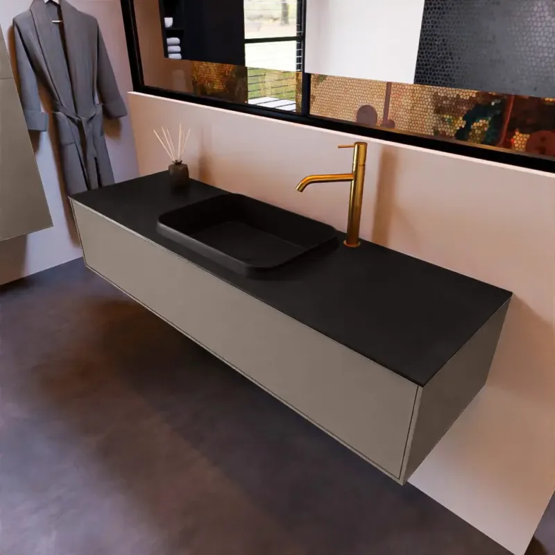 Mondiaz Erin 150cm badmeubel Smoke met 1 lade en zwarte wastafel midden 1 kraangat Nieuw