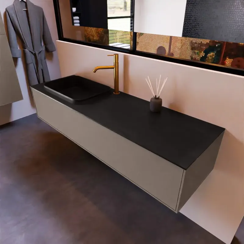 Mondiaz Erin 150cm badmeubel Smoke met 1 lade en zwarte wastafel links 1 kraangat Direct Beschikbaar