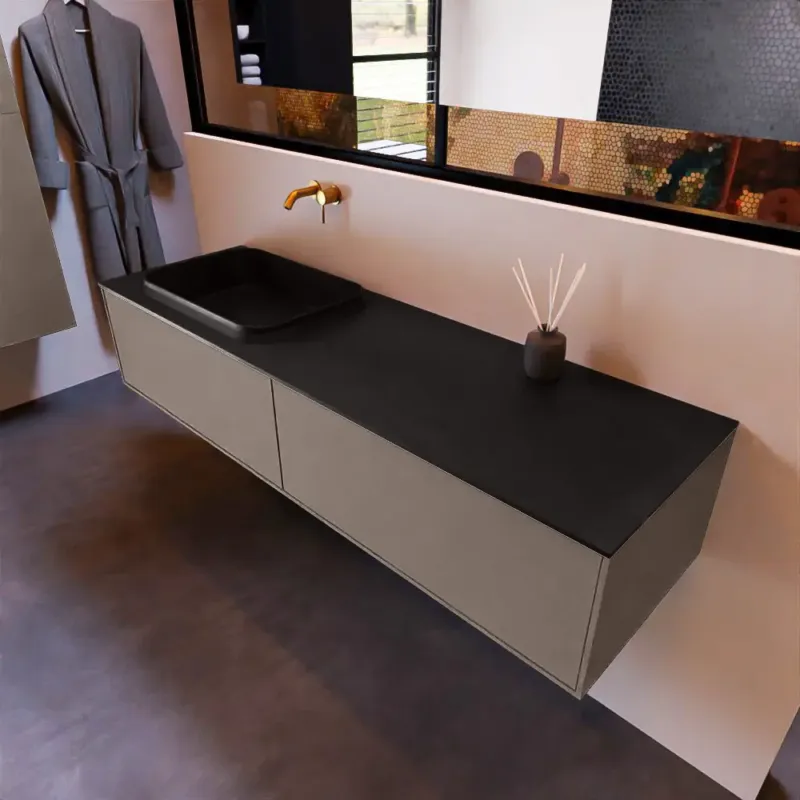 Mondiaz Erin 150cm badmeubel Smoke met 2 lades en zwarte wastafel links zonder kraangaten Weekendaanbieding