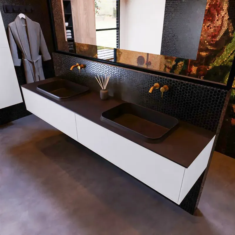 Exclusieve Aanbieding Mondiaz Erin 200cm badmeubel Cale met 2 lades en zwarte wastafel dubbel zonder kraangaten