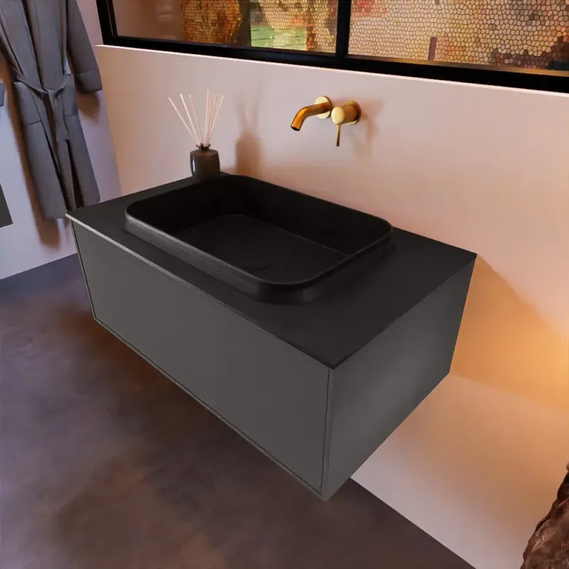 Mondiaz Erin 80cm badmeubel Dark Grey met 1 lade en zwarte wastafel midden zonder kraangaten Betrouwbaar