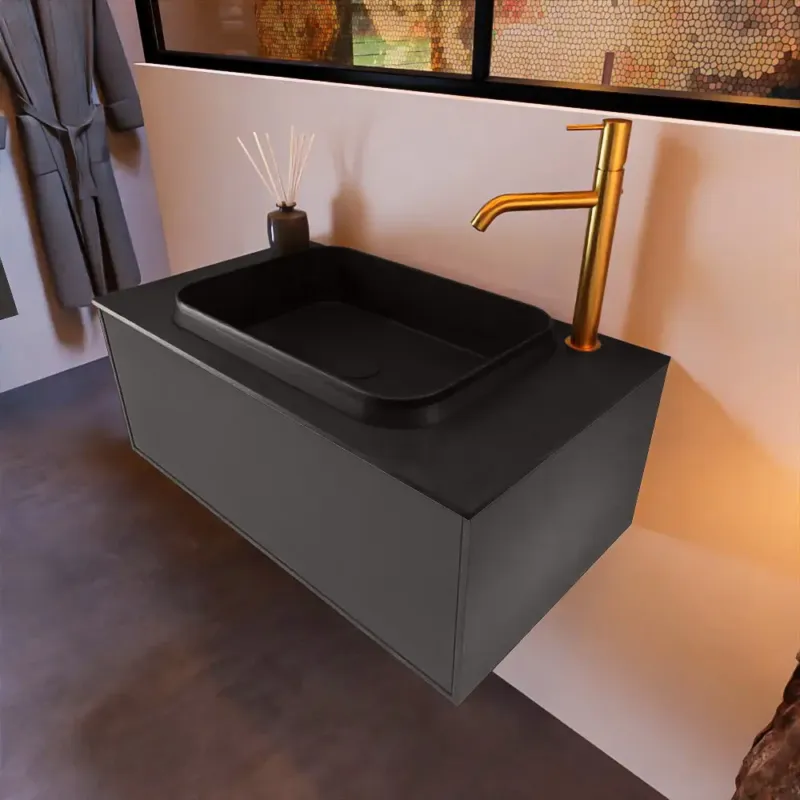 Beperkte Voorraad Mondiaz Erin 80cm badmeubel Dark Grey met 1 lade en zwarte wastafel midden 1 kraangat