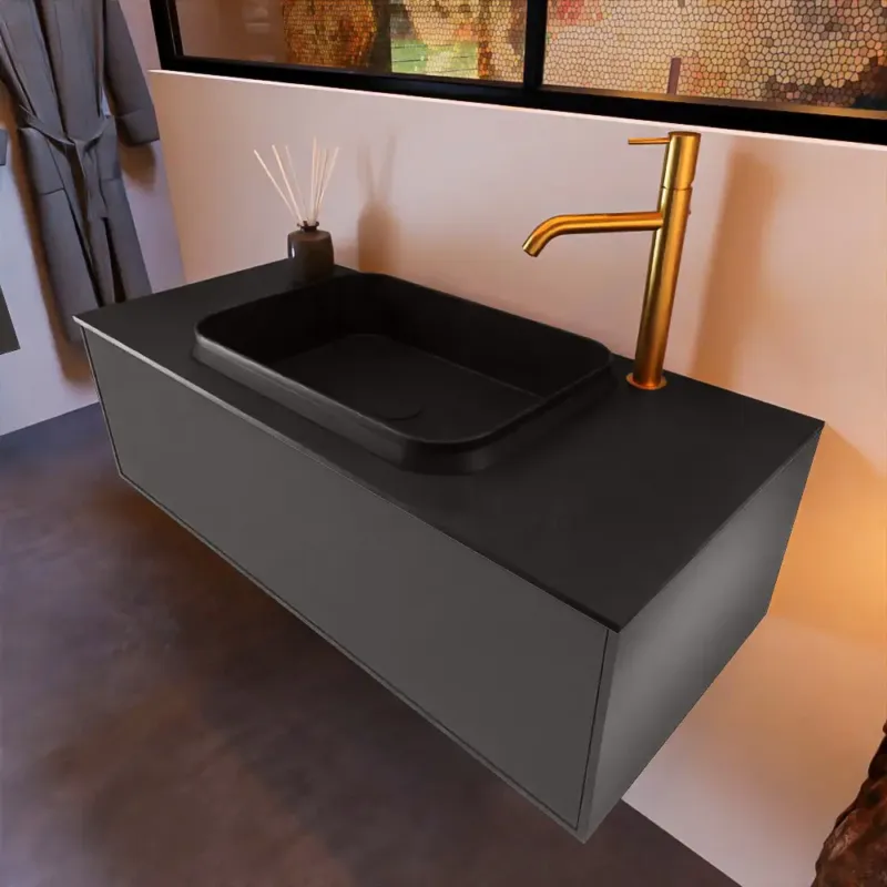 Mondiaz Erin 100cm badmeubel Dark Grey met 1 lade en zwarte wastafel midden 1 kraangat Premium