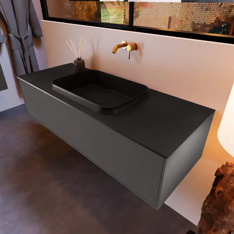 Mondiaz Erin 120cm badmeubel Dark Grey met 1 lade en zwarte wastafel midden zonder kraangaten Hoge Kwaliteit