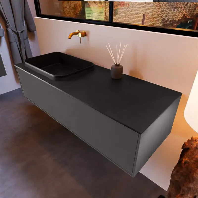 Mondiaz Erin 120cm badmeubel Dark Grey met 1 lade en zwarte wastafel links zonder kraangaten Flitsaanbieding