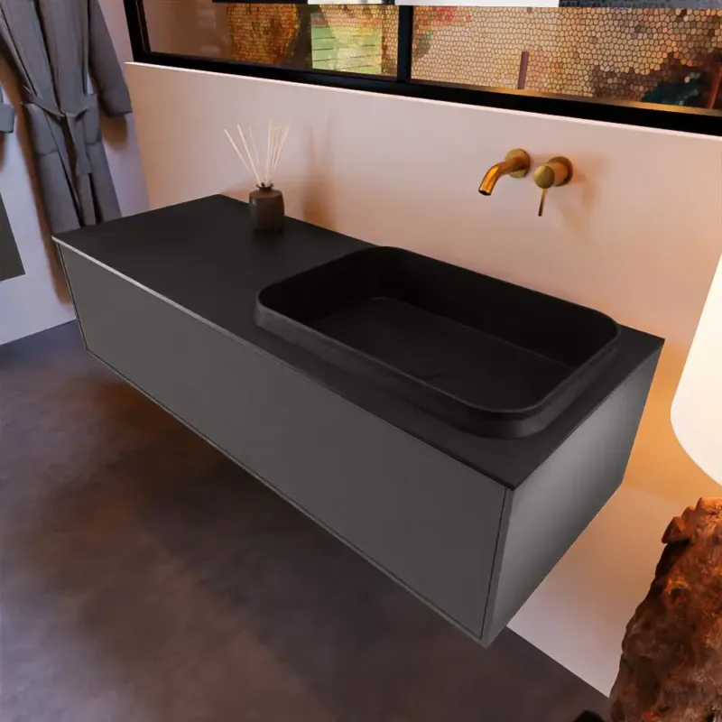 Mondiaz Erin 120cm badmeubel Dark Grey met 1 lade en zwarte wastafel rechts zonder kraangaten Laatste Versie