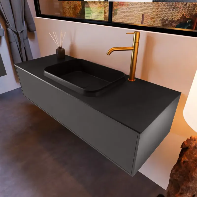 Bestel Nu Mondiaz Erin 120cm badmeubel Dark Grey met 1 lade en zwarte wastafel midden 1 kraangat