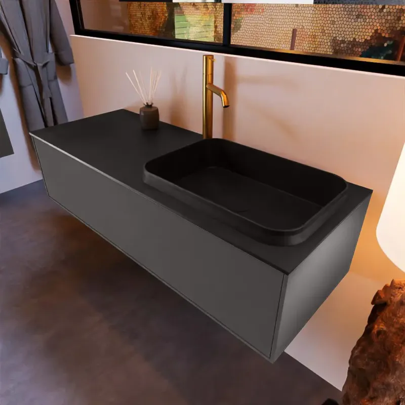 Mondiaz Erin 120cm badmeubel Dark Grey met 1 lade en zwarte wastafel rechts 1 kraangat Direct Beschikbaar