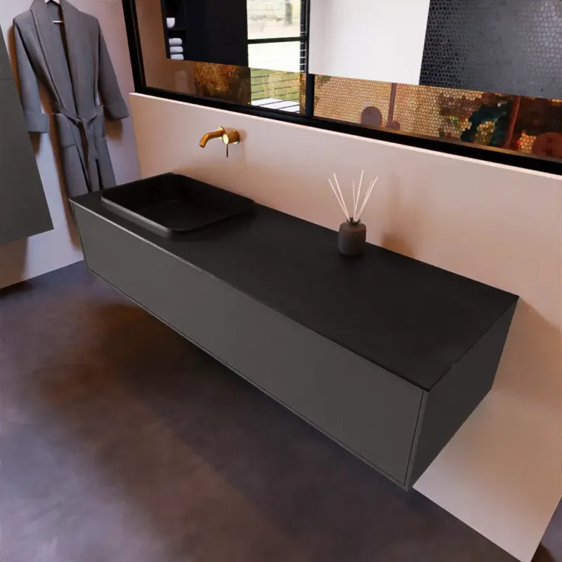 Mondiaz Erin 150cm badmeubel Dark Grey met 1 lade en zwarte wastafel links zonder kraangaten Speciale Aanbieding