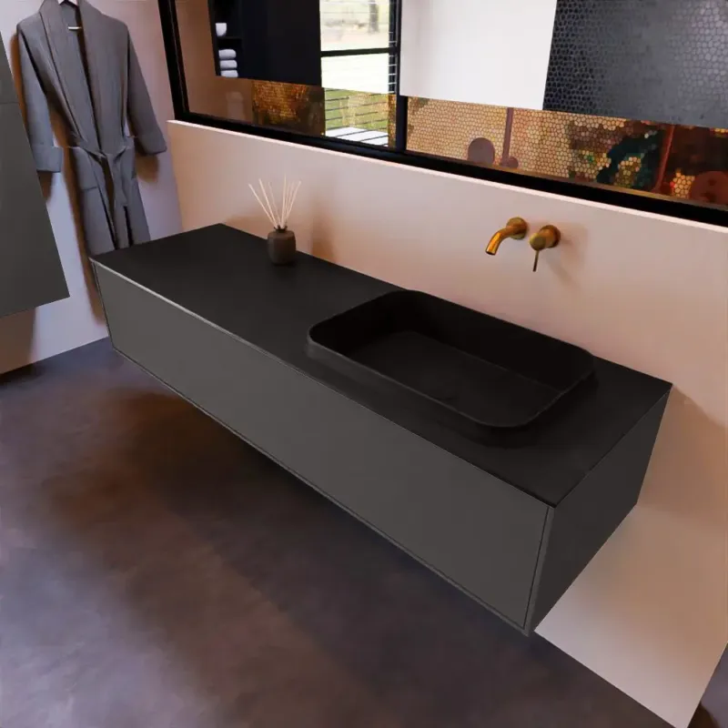 Weekendaanbieding Mondiaz Erin 150cm badmeubel Dark Grey met 1 lade en zwarte wastafel rechts zonder kraangaten