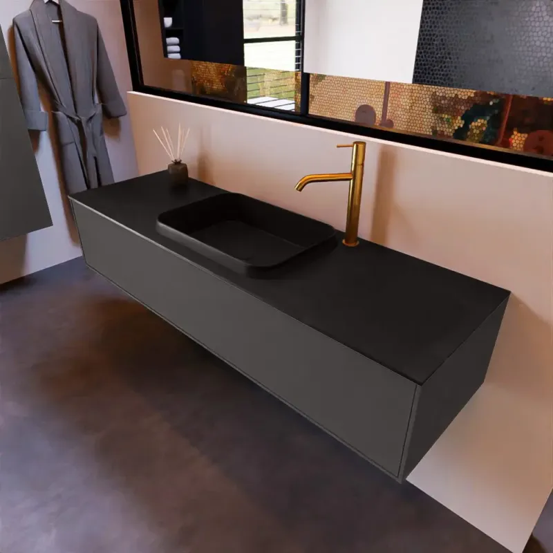 Hete Deal Mondiaz Erin 150cm badmeubel Dark Grey met 1 lade en zwarte wastafel midden 1 kraangat