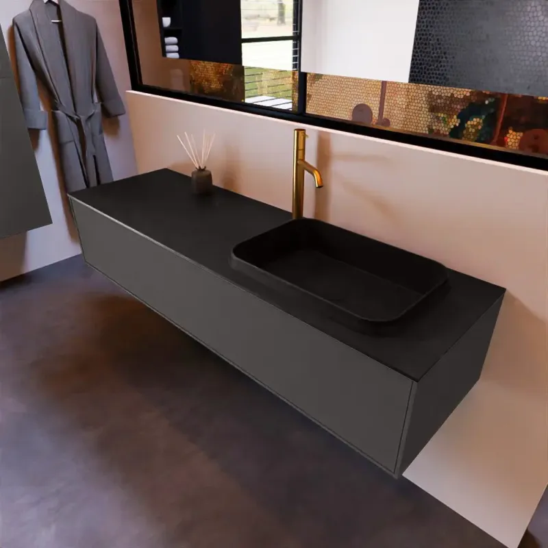 Meest Verkocht Mondiaz Erin 150cm badmeubel Dark Grey met 1 lade en zwarte wastafel rechts 1 kraangat