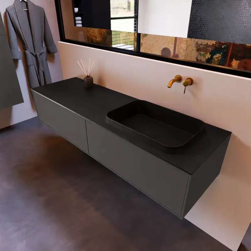 Favoriet Mondiaz Erin 150cm badmeubel Dark Grey met 2 lades en zwarte wastafel rechts zonder kraangaten
