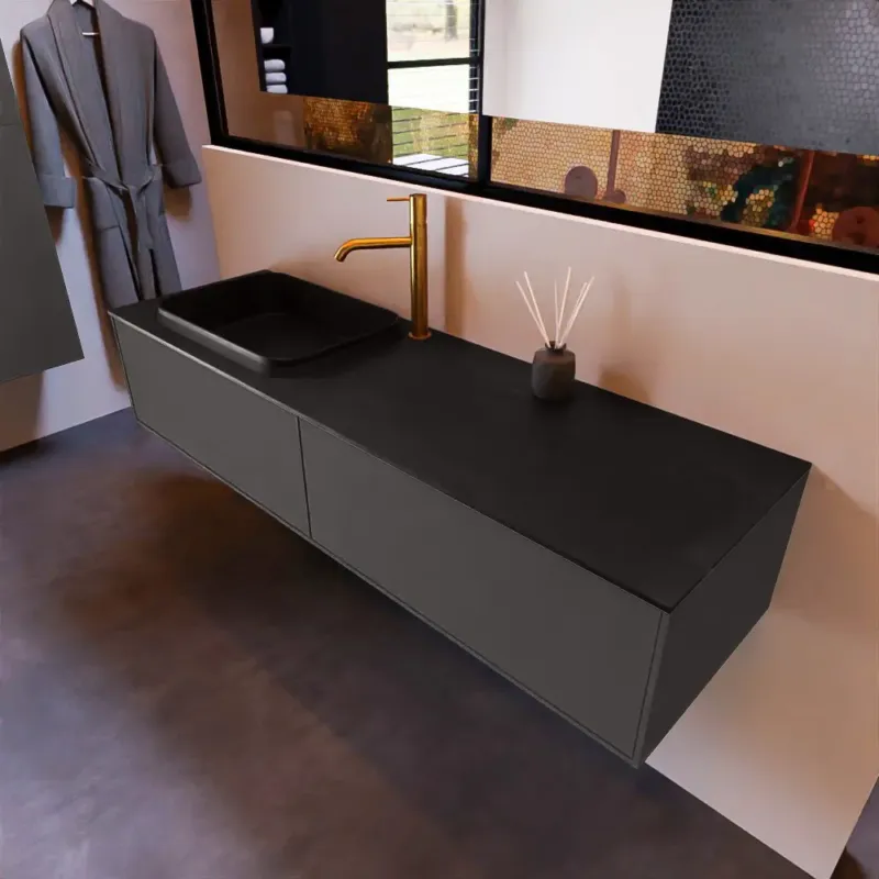 Mondiaz Erin 150cm badmeubel Dark Grey met 2 lades en zwarte wastafel links 1 kraangat Korting