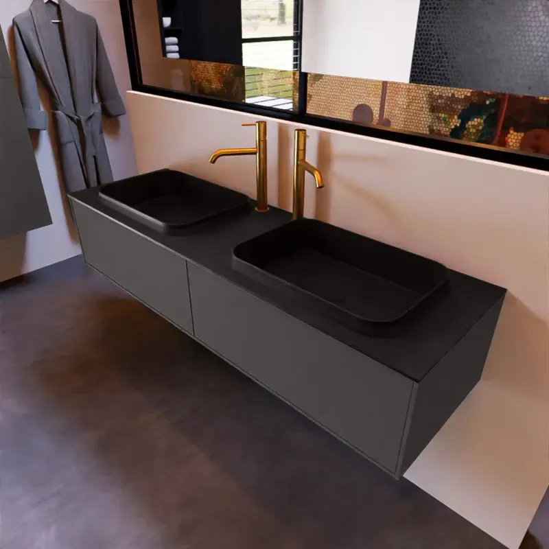 Mondiaz Erin 150cm badmeubel Dark Grey met 2 lades en zwarte wastafel dubbel 2 kraangaten Gratis Retour