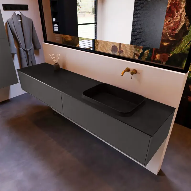 Mondiaz Erin 200cm badmeubel Dark Grey met 2 lades en zwarte wastafel rechts zonder kraangaten Finale Uitverkoop