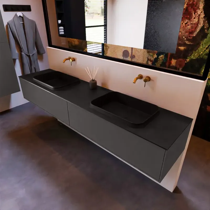 Lage Kosten Mondiaz Erin 200cm badmeubel Dark Grey met 2 lades en zwarte wastafel dubbel zonder kraangaten