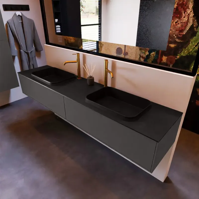 Mondiaz Erin 200cm badmeubel Dark Grey met 2 lades en zwarte wastafel dubbel 2 kraangaten Aanbieding