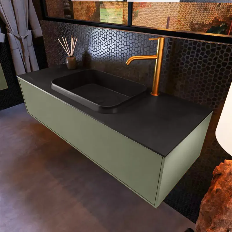 Bestseller Mondiaz Erin 120cm badmeubel Army met 1 lade en zwarte wastafel midden 1 kraangat