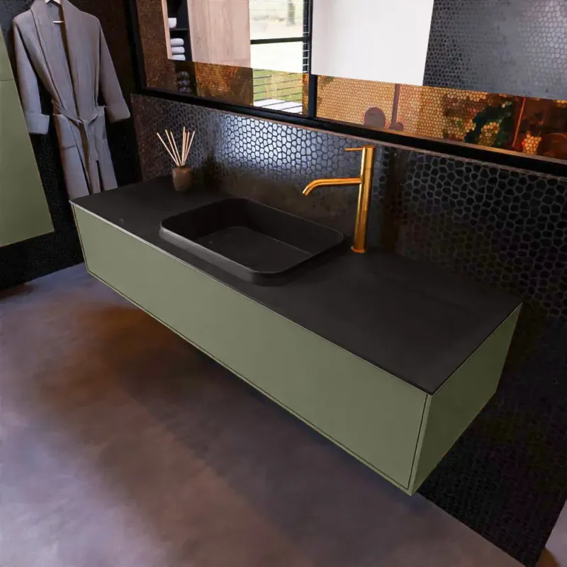 Beperkte Voorraad Mondiaz Erin 150cm badmeubel Army met 1 lade en zwarte wastafel midden 1 kraangat