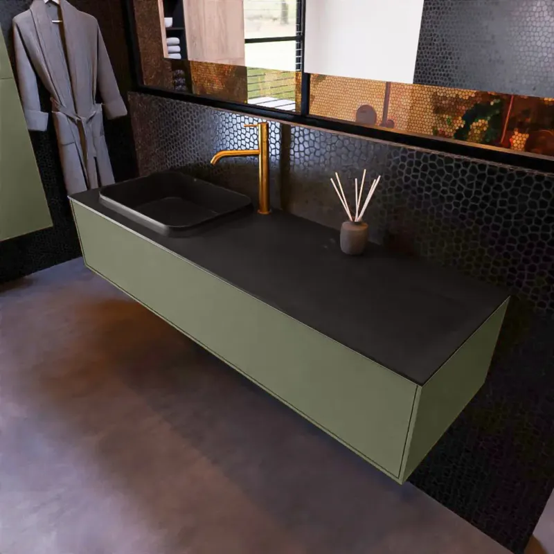 Mondiaz Erin 150cm badmeubel Army met 1 lade en zwarte wastafel links 1 kraangat Populair