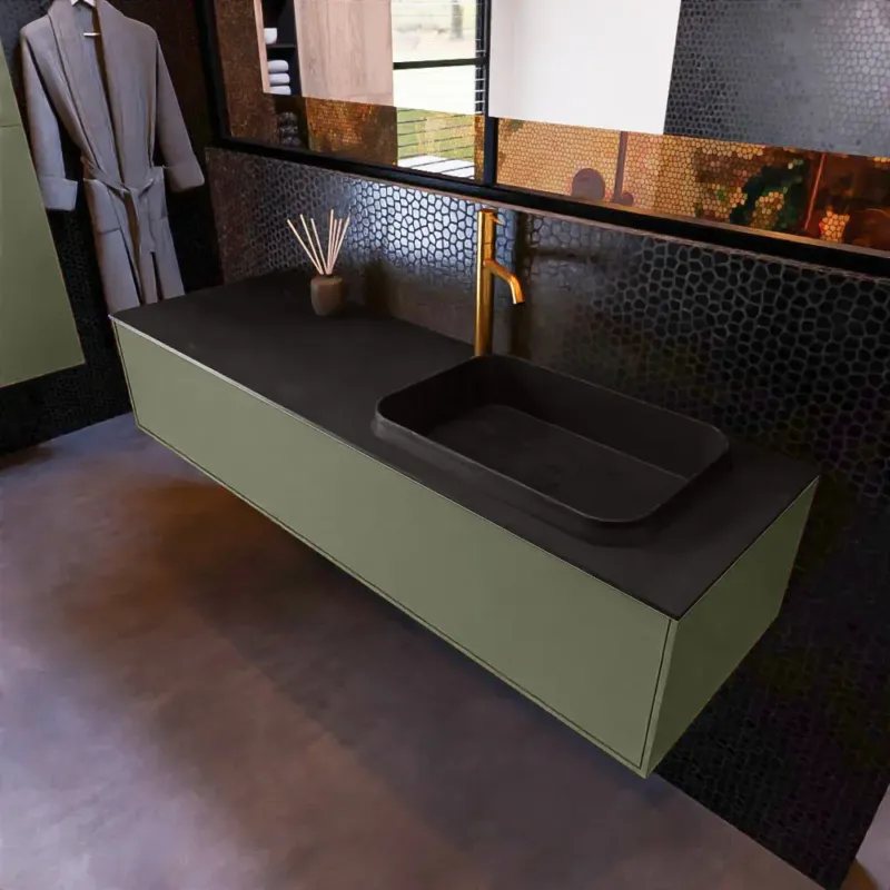 Mondiaz Erin 150cm badmeubel Army met 1 lade en zwarte wastafel rechts 1 kraangat Beste Prijs