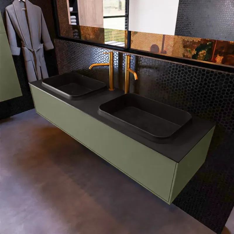 Lage Prijs Mondiaz Erin 150cm badmeubel Army met 1 lade en zwarte wastafel dubbel 2 kraangaten