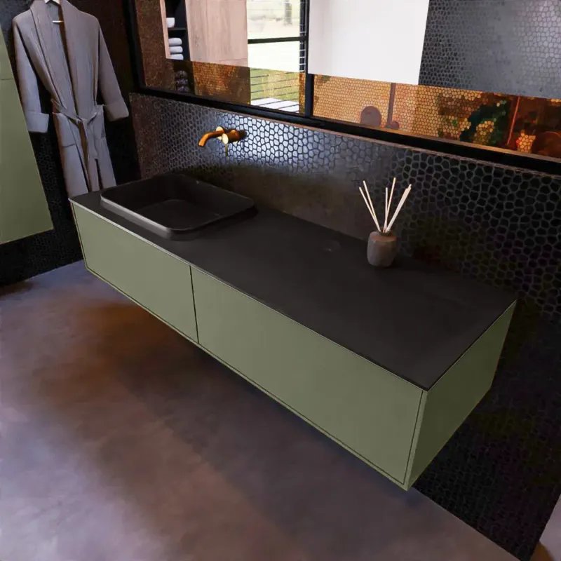 Merkproduct Mondiaz Erin 150cm badmeubel Army met 2 lades en zwarte wastafel links zonder kraangaten