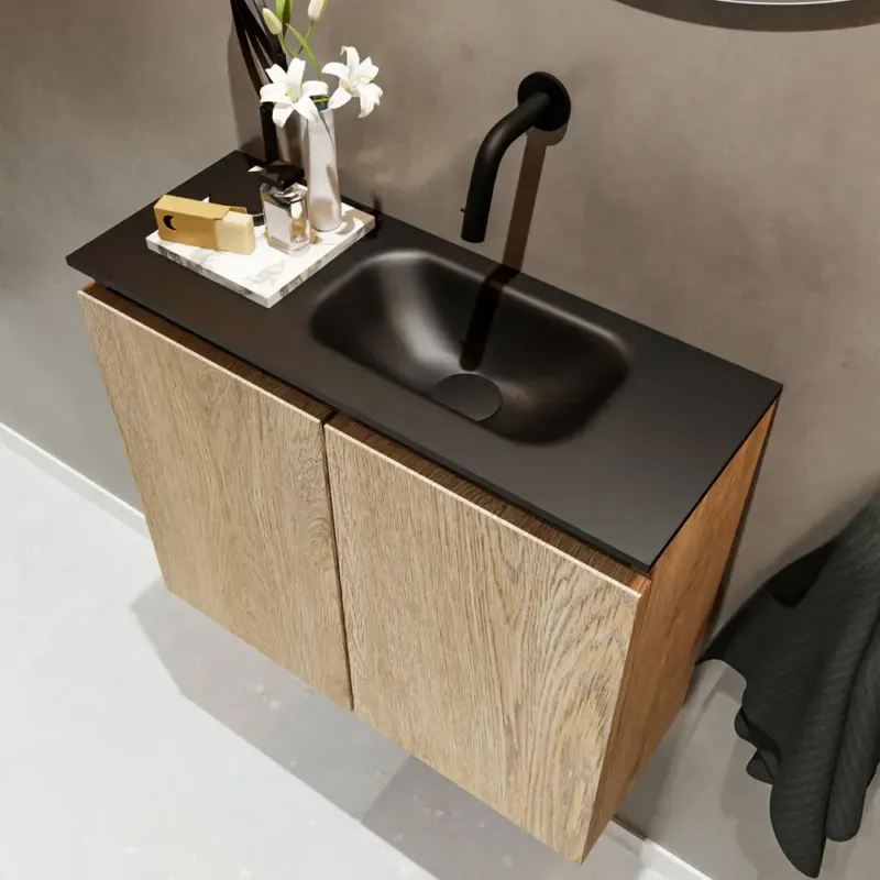 Lage Kosten Mondiaz Ture 60cm toiletmeubel washed oak met wastafel urban rechts geen kraangat