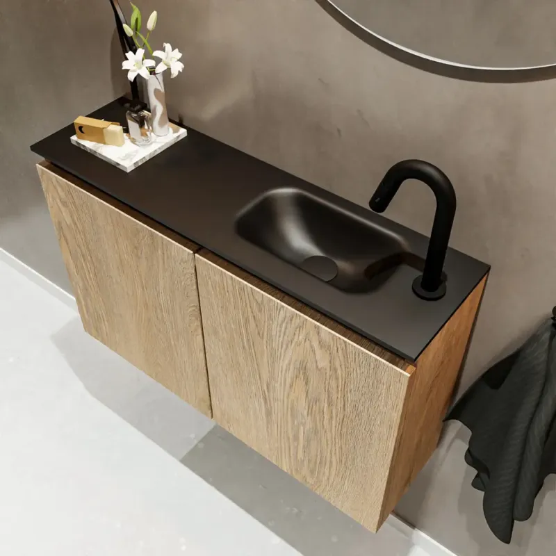 Korting Mondiaz Ture 80cm toiletmeubel washed oak met wastafel urban rechts 1 kraangat