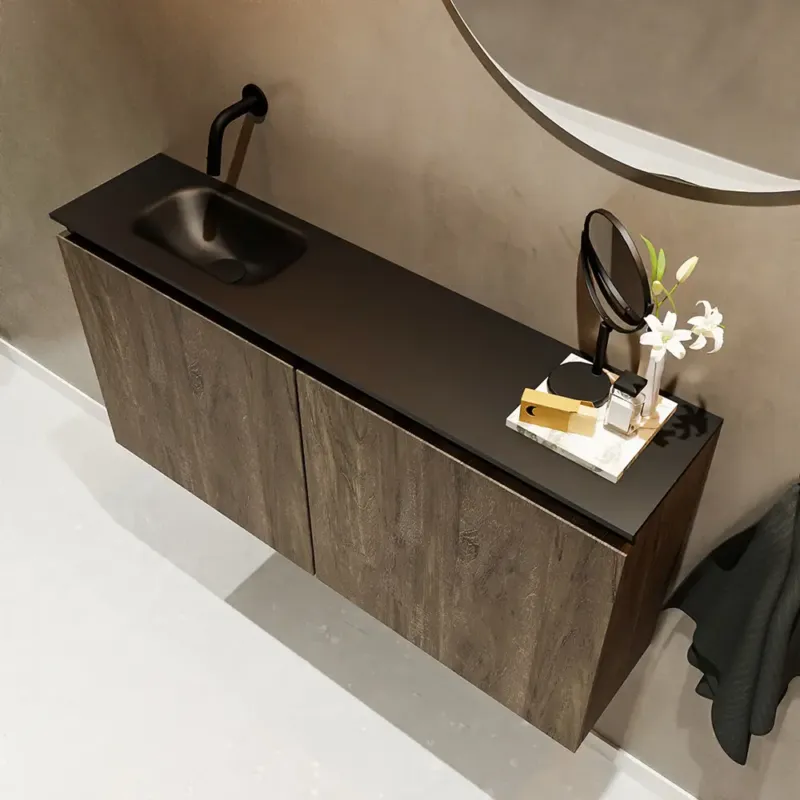 Aanbieding Mondiaz Ture 100cm toiletmeubel dark brown met wastafel urban links geen kraangat