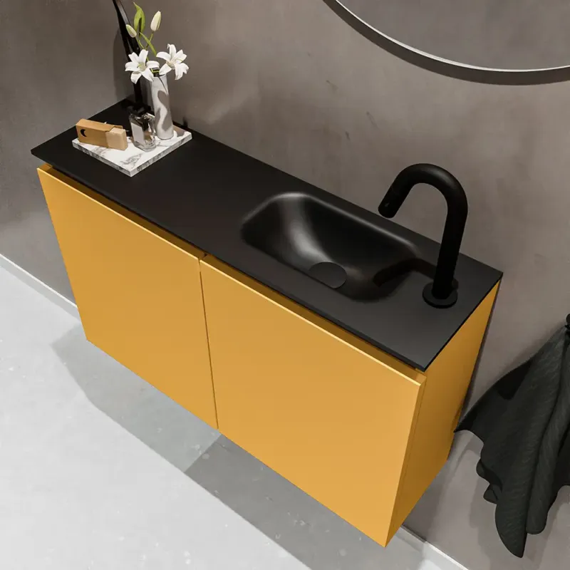 Korting Mondiaz Ture 80cm toiletmeubel ocher met wastafel urban rechts 1 kraangat