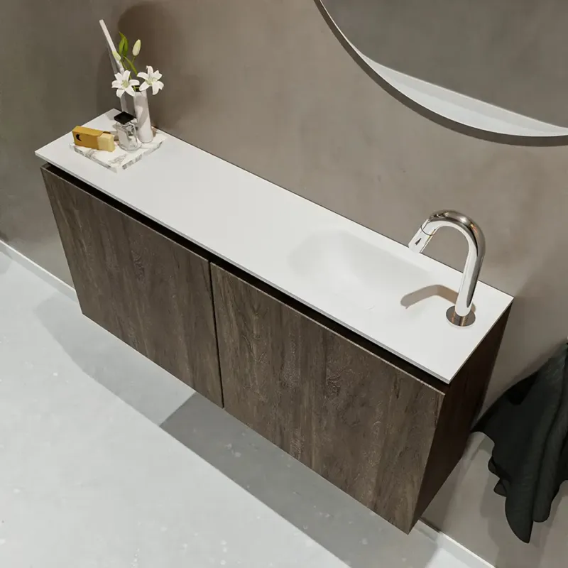 Lage Kosten Mondiaz Ture 100cm toiletmeubel dark brown met wastafel talc rechts 1 kraangat