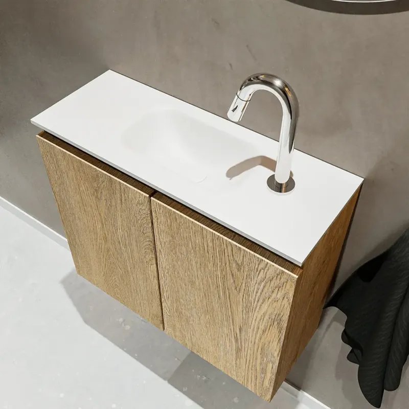 Direct Beschikbaar Mondiaz Ture 60cm toiletmeubel washed oak met wastafel talc midden 1 kraangat
