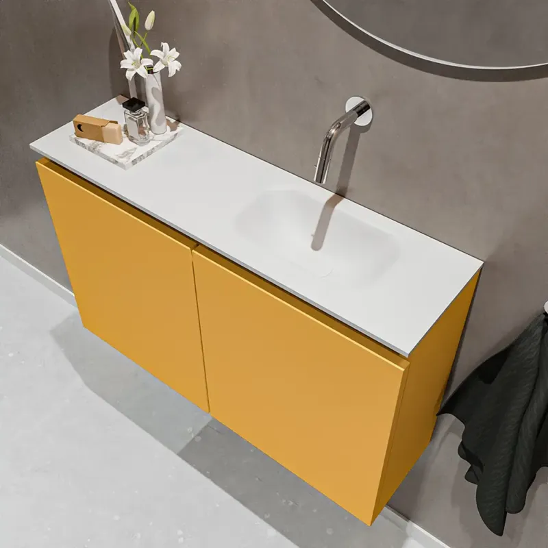 Uitverkoop Mondiaz Ture 80cm toiletmeubel ocher met wastafel talc rechts geen kraangat