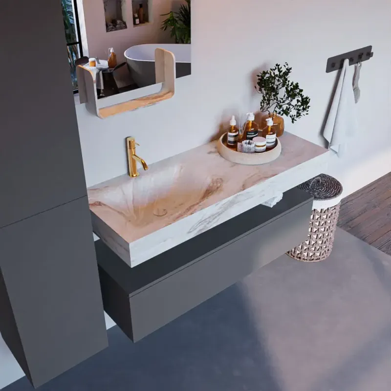Mondiaz Alan DLux badmeubel 120cm plata 1 lade met wastafel frappe links 1 kraangat Merkproduct