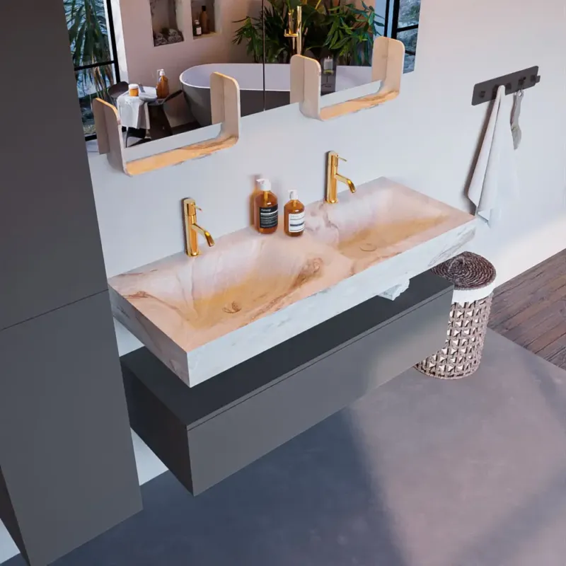 Beperkte Voorraad Mondiaz Alan DLux badmeubel 120cm plata 1 lade met wastafel frappe dubbel 2 kraangaten