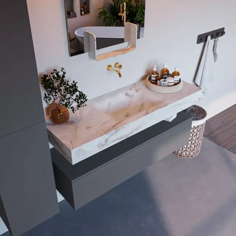Mondiaz Alan DLux badmeubel 130cm plata 1 lade met wastafel frappe midden zonder kraangat Superprijs
